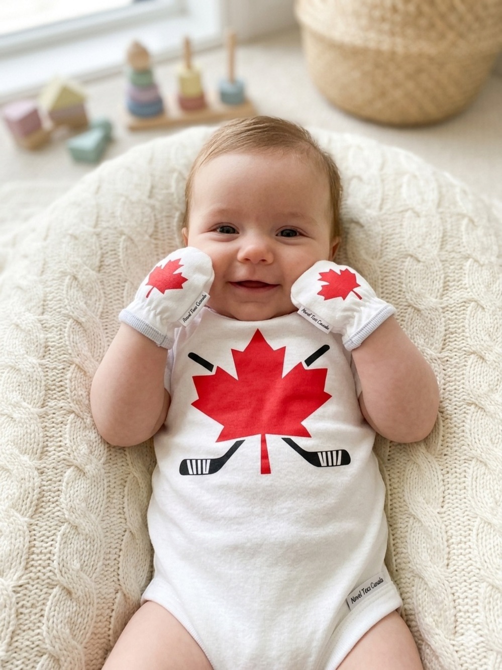 Novel Tees Canada Maple Leaf Baby Bodysuit & Scratch Mittens Set White 3M